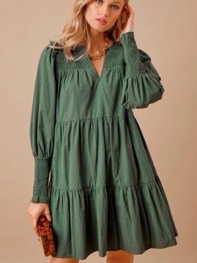 Pomander Place Smocked Tiered Long-Sleeve Dress in Forest Green